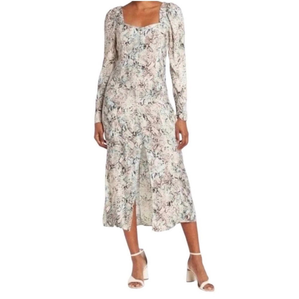 NWT AFRM Neutral Aqua Snake‎ Print Midi Dress Long Sleeve Button Front S